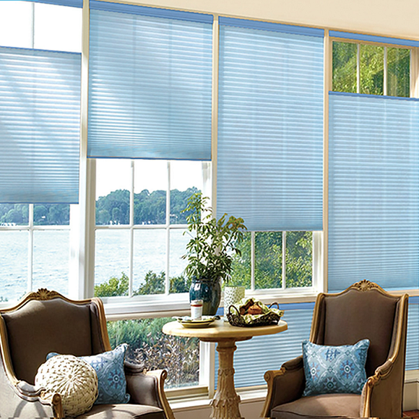 Modern living room with light-filtering honeycomb blinds
