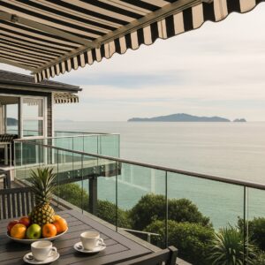 Black and white striped retractable awning on a balcony overlooking the Hauraki Gulf, Auckland, New Zealand.