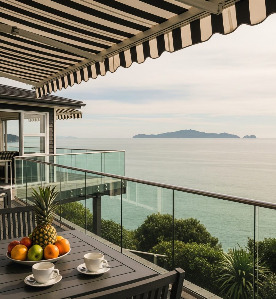 Black and white striped retractable awning on a balcony overlooking the Hauraki Gulf, Auckland, New Zealand.