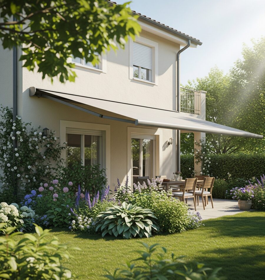 Modern house with an extended beige retractable awning over a sunlit patio and lush garden in Auckland, New Zealand.