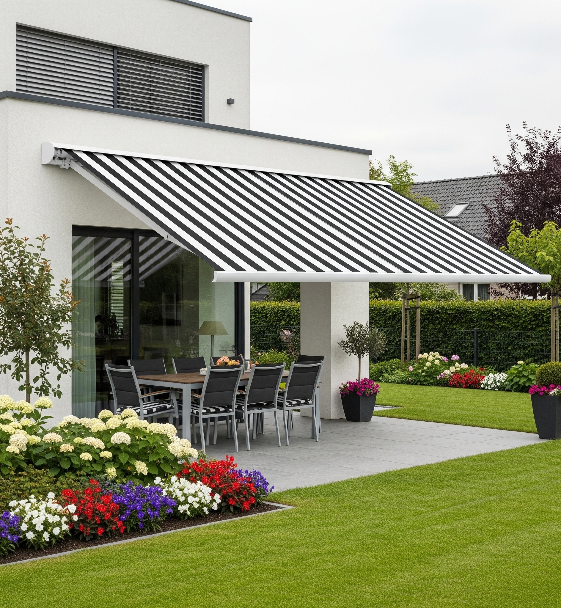 Sun canopy extended over a garden patio at a house, providing shade for an outdoor dining set, Auckland.