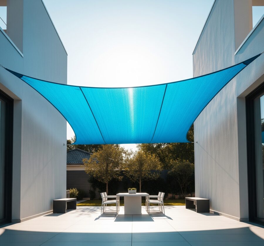 A bright turquoise rectangular sun shade sail stretched between two modern white buildings, providing shade over an outdoor patio with a table and chairs.