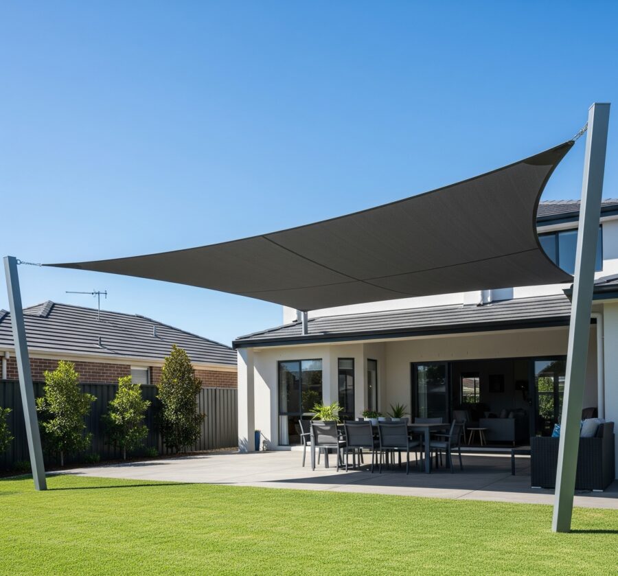 A bright turquoise rectangular sun shade sail stretched between two modern white buildings, providing shade over an outdoor patio with a table and chairs.