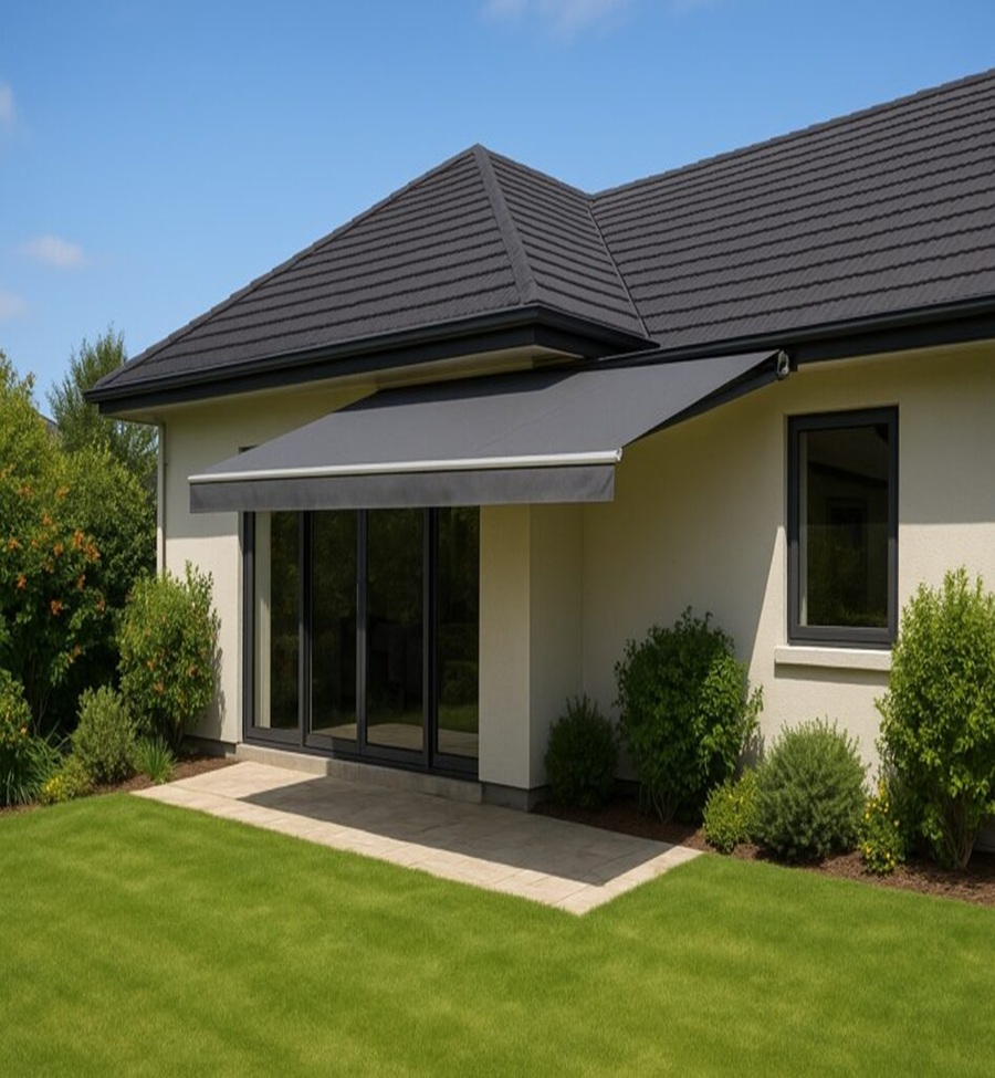 A modern grey retractable awning extends over a patio area of a light-coloured house with a dark tiled roof. Green lawn and shrubs surround the patio, and large bifold doors are visible under the awning.