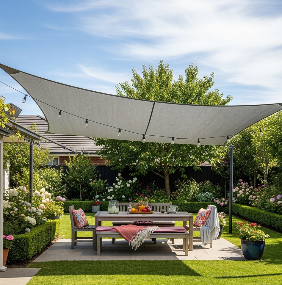 A bright turquoise rectangular sun shade sail stretched between two modern white buildings, providing shade over an outdoor patio with a table and chairs.